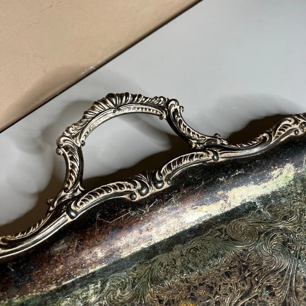 Vintage Silver Plated Rectangular Serving Tray Ornate Handles Etched Floral 19in